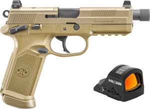 FN 66102270 FNX w/Optic 45 ACP 15+1 5.30" Black Steel Threaded Barrel, Flat Dark Earth Optic Ready/Serrated Stainless Steel Slide & Polymer Frame w/Picatinny Rail, Holosun 407C Red Dot, Ambidextrous