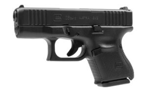 Glock, 26 Gen5 M.O.S., Striker Fired, Semi-automatic, Polymer Frame Pistol, Sub-Compact, 9MM, 3.43" Barrel, Glock Marksman Barrel, nDLC Finish, Black, No Finger Grooves, Fixed Sights, 10 Rounds, 3 Magazines, Ambidextrous Slide Stop Lever, Front Serrations