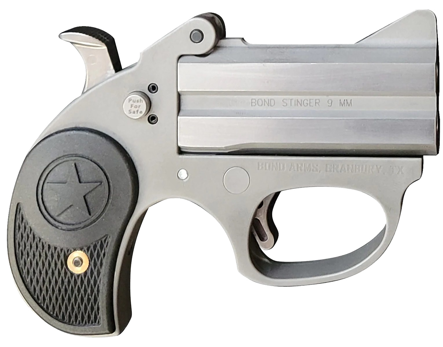 Bond Arms BASRS Stinger 9mm Luger 2rd 2.5" Matte Stainless Steel Double Barrel & Frame, Rebounding Hammer, Blade Front/Fixed Rear Sights, Black Rubber Grip, Manual Safety