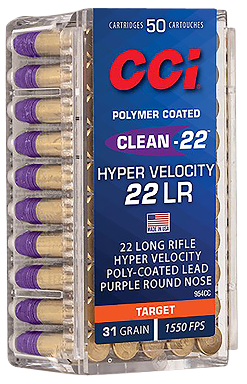 CCI 954CC Clean-22 Hyper Velocity 22LR 31gr LN Purple 50 Per Box/100 Case