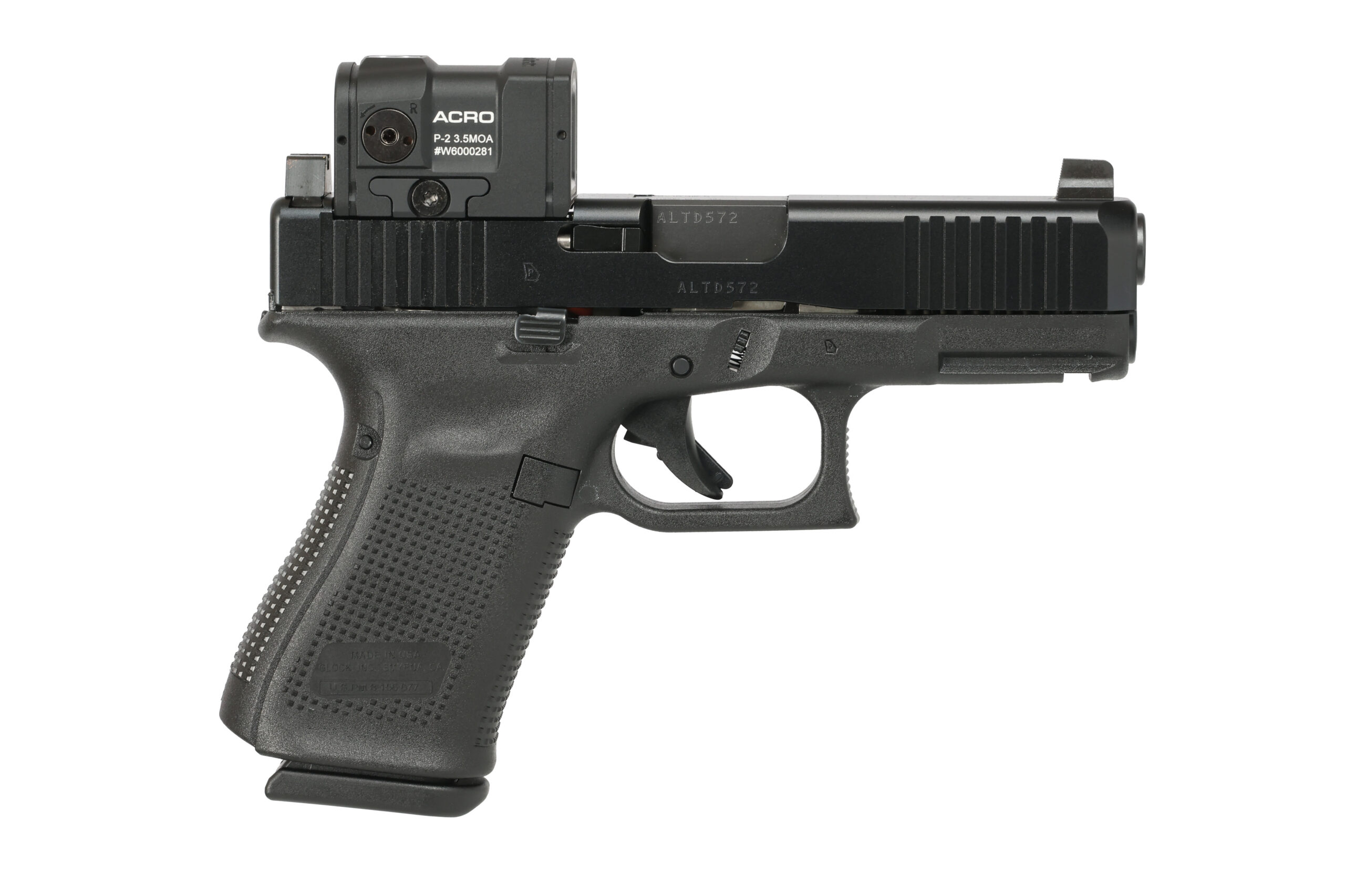 Glock 19 Gen 5 ACRO, Semi-automatic, Striker Fired, Compact, 9MM, 4.02", Black, Interchangeable, 15 Rounds, 3 Magazines, Ameriglo Non-Tritium Suppressor Sights, Polymer, DLC, Aimpoint ACRO P-2, 3.5 MOA Dot Size, Direct Cut On Slide