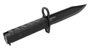 SOG BAR15C Combat Knife Blk 12.25" overall black PVD coated AUS-8 stainless clip point blade. Black G10 handle. AR-compatible barrel ring. Black Kydex Sheath.