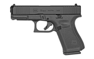 Glock 19 Gen 5, Striker Fired, Semi-automatic, Polymer Frame Pistol, Compact, 9MM, 4.02" Marksman Barrel, nDLC Finish, Black, Fixed Sights, Front Serrations, Ambidextrous Slide Stop Lever, Flared Mag Well, No Finger Grooves, 15 Rounds, 3 Magazines