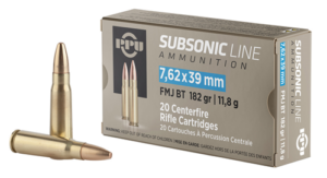 PPU PPS76239 Subsonic  7.62x39mm 182 gr Full Metal Jacket Boat Tail 20 Per Box/
