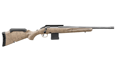 Ruger, American Rifle Ranch, Generataion II, Bolt Action Rifle, 556NATO, 16.1" Spiral Fluted Barrel, 1:8 Twist, Threaded 1/2x28, Muzzle Brake, Cerakote Finish, Cobalt, Flat Dark Earth Splatter Synthetic Stock, Manual Safety, Picatinny Rail, 10 Rounds, 1 Magazine